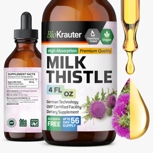BIO KRAUTER Milk Thistle bottle label highlights vegan, alcohol-free formula for liver support.