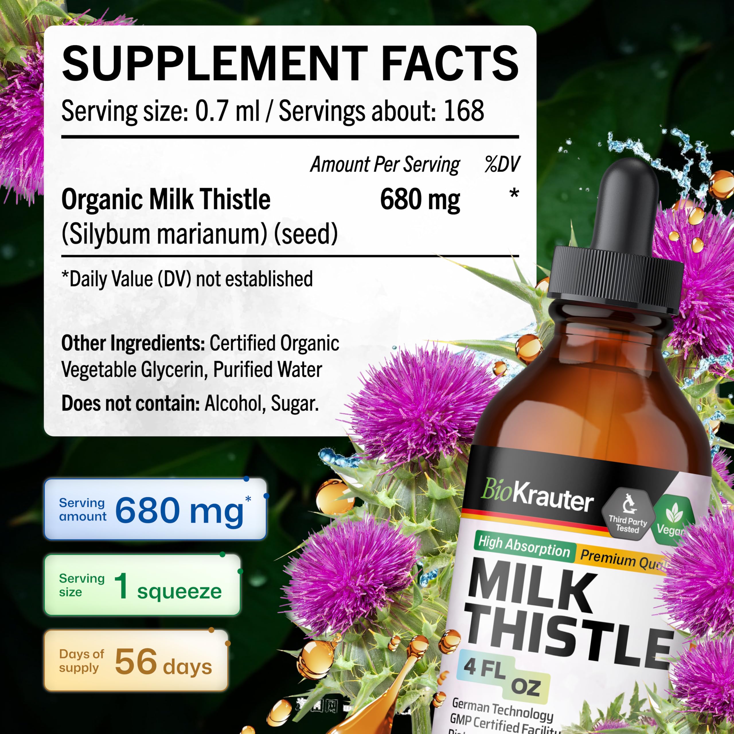 BIO KRAUTER Milk Thistle liquid in water demonstrates daily use for liver health.