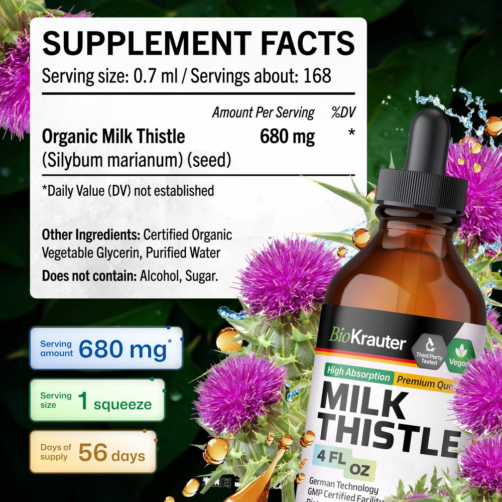 BIO KRAUTER Milk Thistle liquid in water demonstrates daily use for liver health.