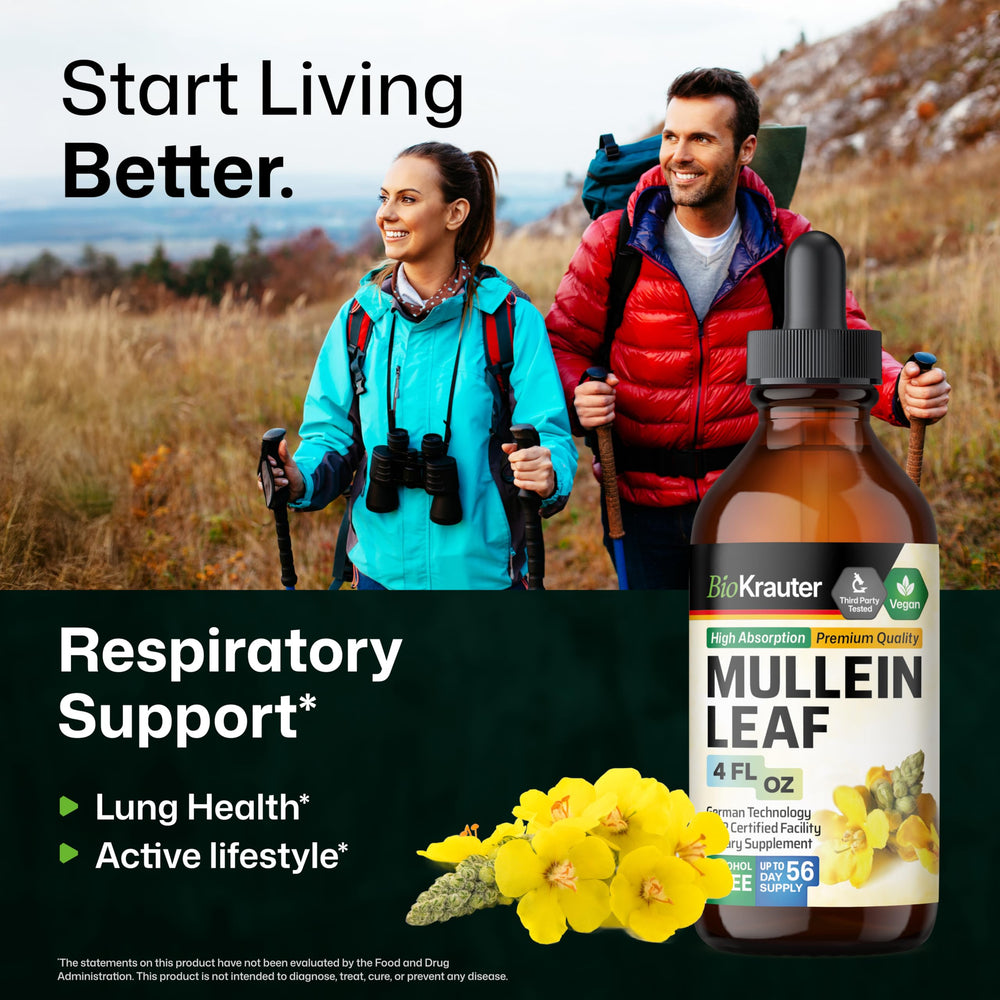 BIO KRAUTER Mullein Drops label shows alcohol-free vegan formula.