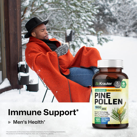 BIO KRAUTER Pine Pollen Capsules label highlighting vegan, GMO-free ingredients