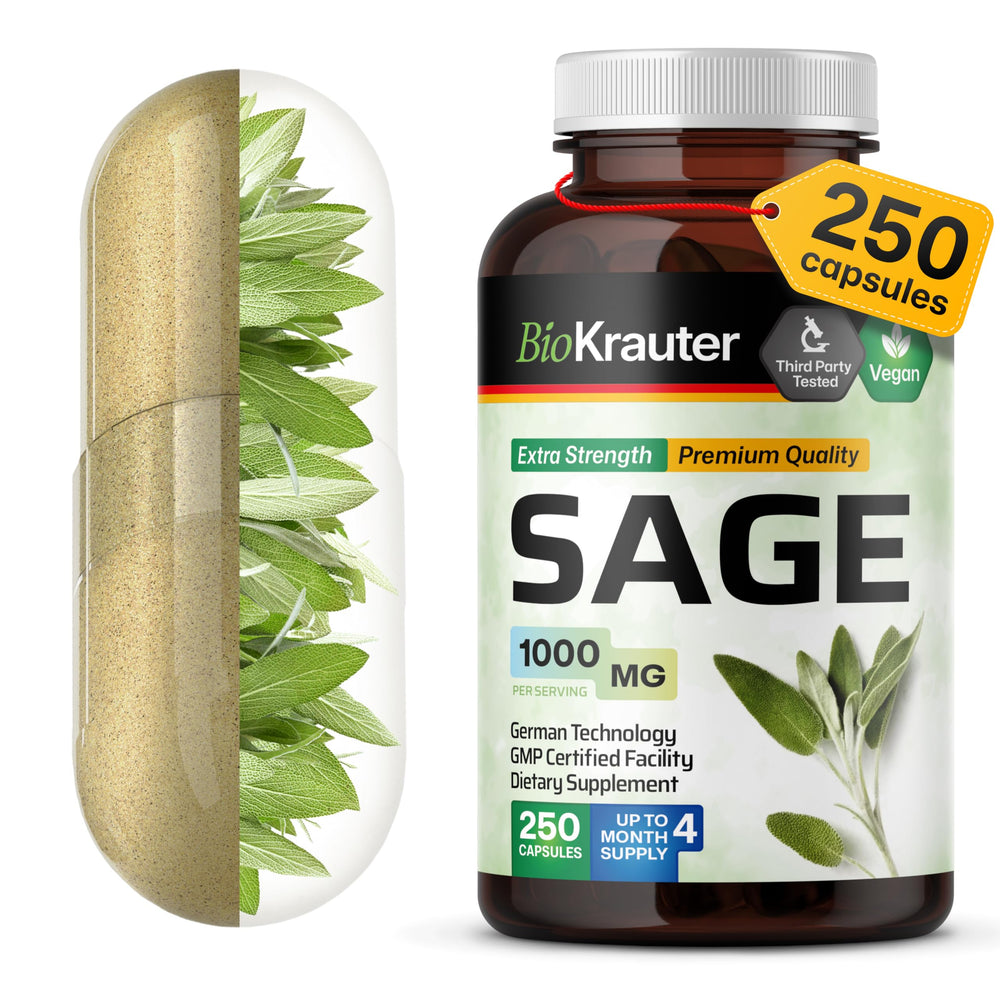 BIO KRAUTER Sage Capsules bottle highlighting 1000 mg per serving for daily support.