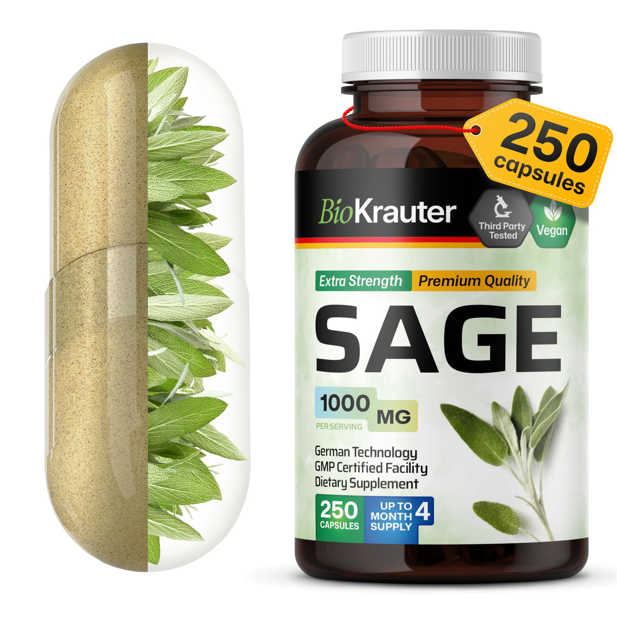 BIO KRAUTER Sage Capsules bottle highlighting 1000 mg per serving for daily support.