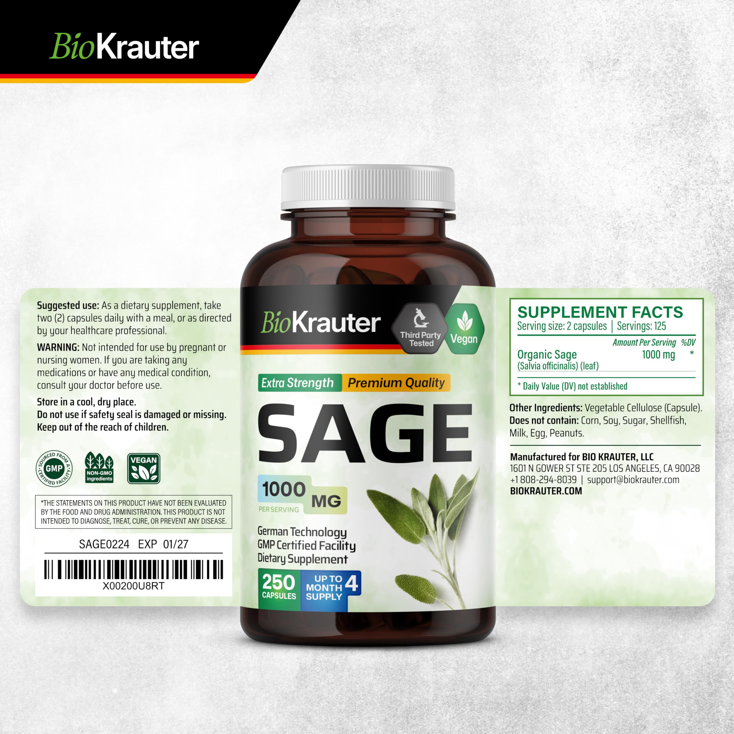 BIO KRAUTER Sage leaves and capsules representing German manufacturing methods.