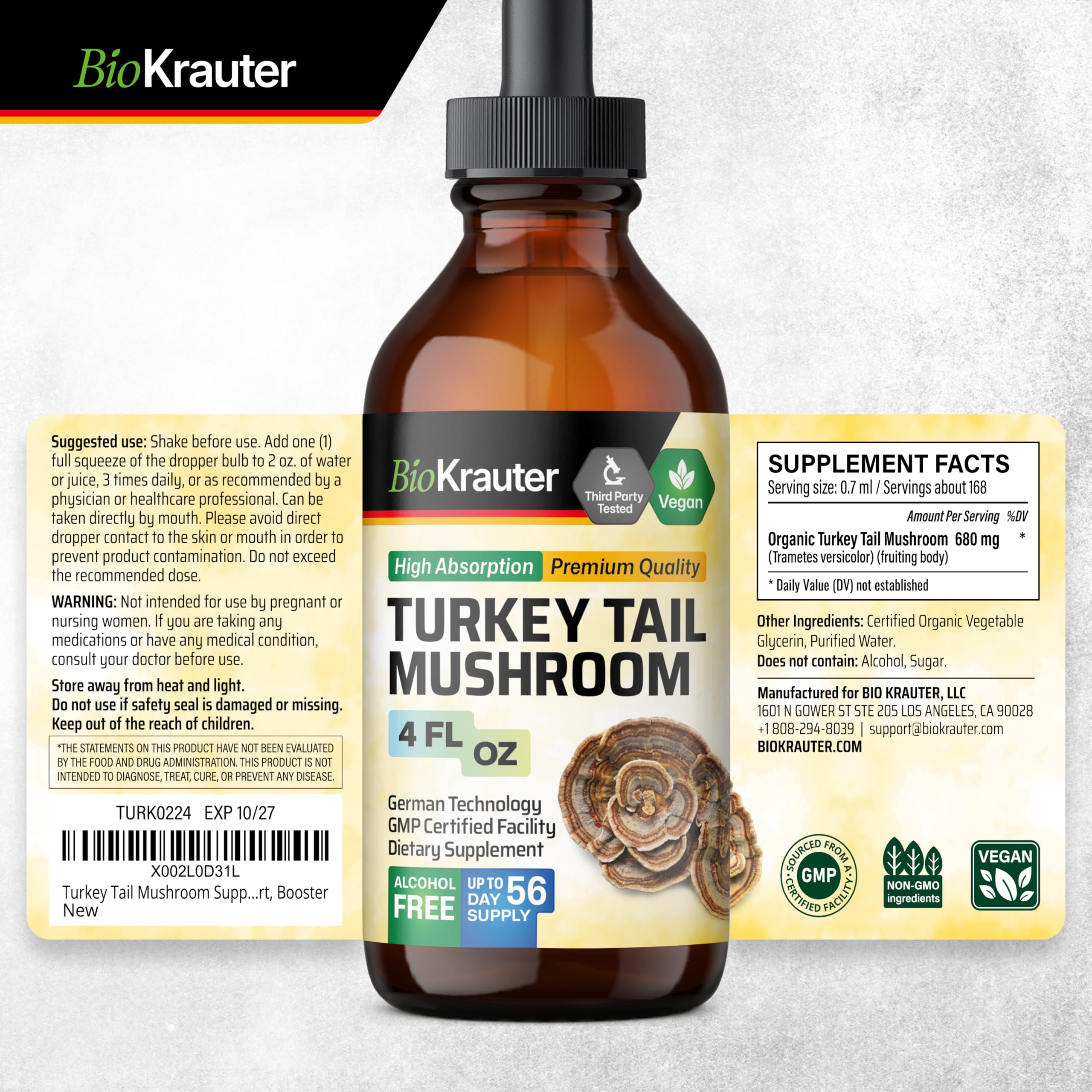 BIO KRAUTER turkey tail drops benefits illustration signaling immune support.
