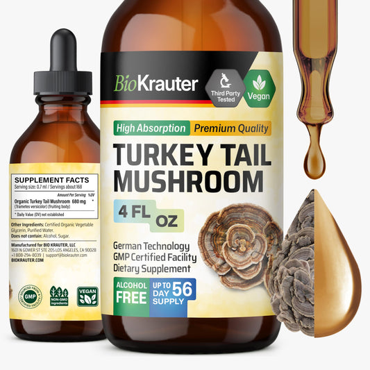 BIO KRAUTER turkey tail drops bottle pour for easy immune support.