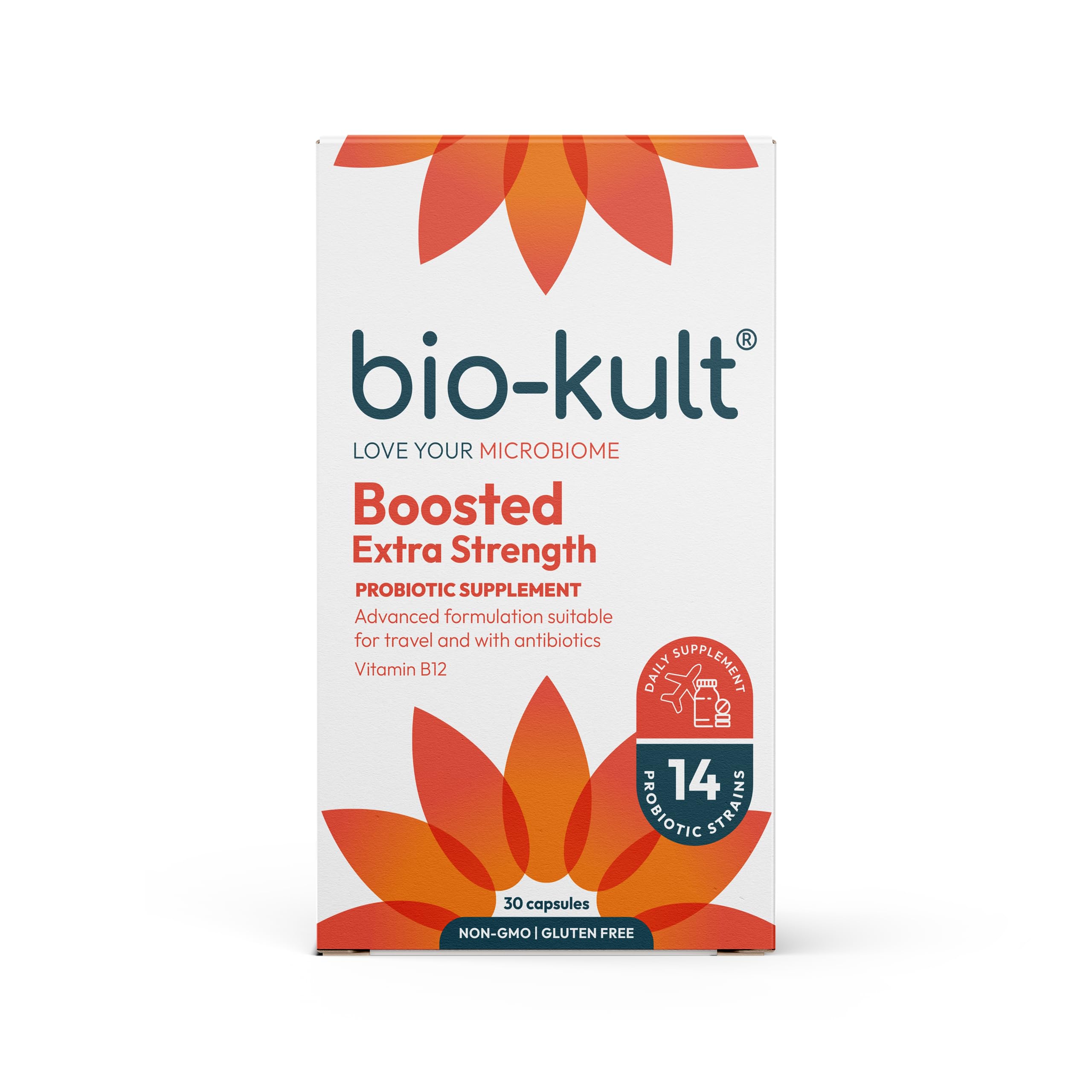 Bio-Kult Boosted extra-strength bottle with capsules for gut balance and everyday resilience.