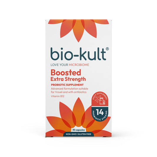 Bio-Kult Boosted extra-strength bottle with capsules for gut balance and everyday resilience.