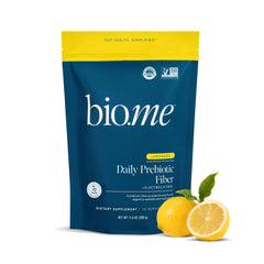 Bio.me daily prebiotic fiber lemonade bottle pour shows convenient digestive support