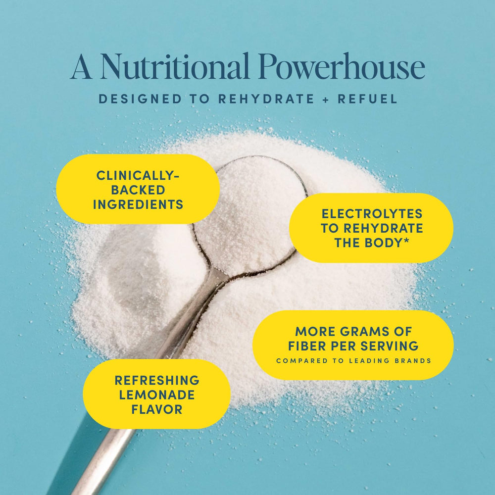 Bio.me daily prebiotic fiber lemonade glass emphasizes refreshing hydration