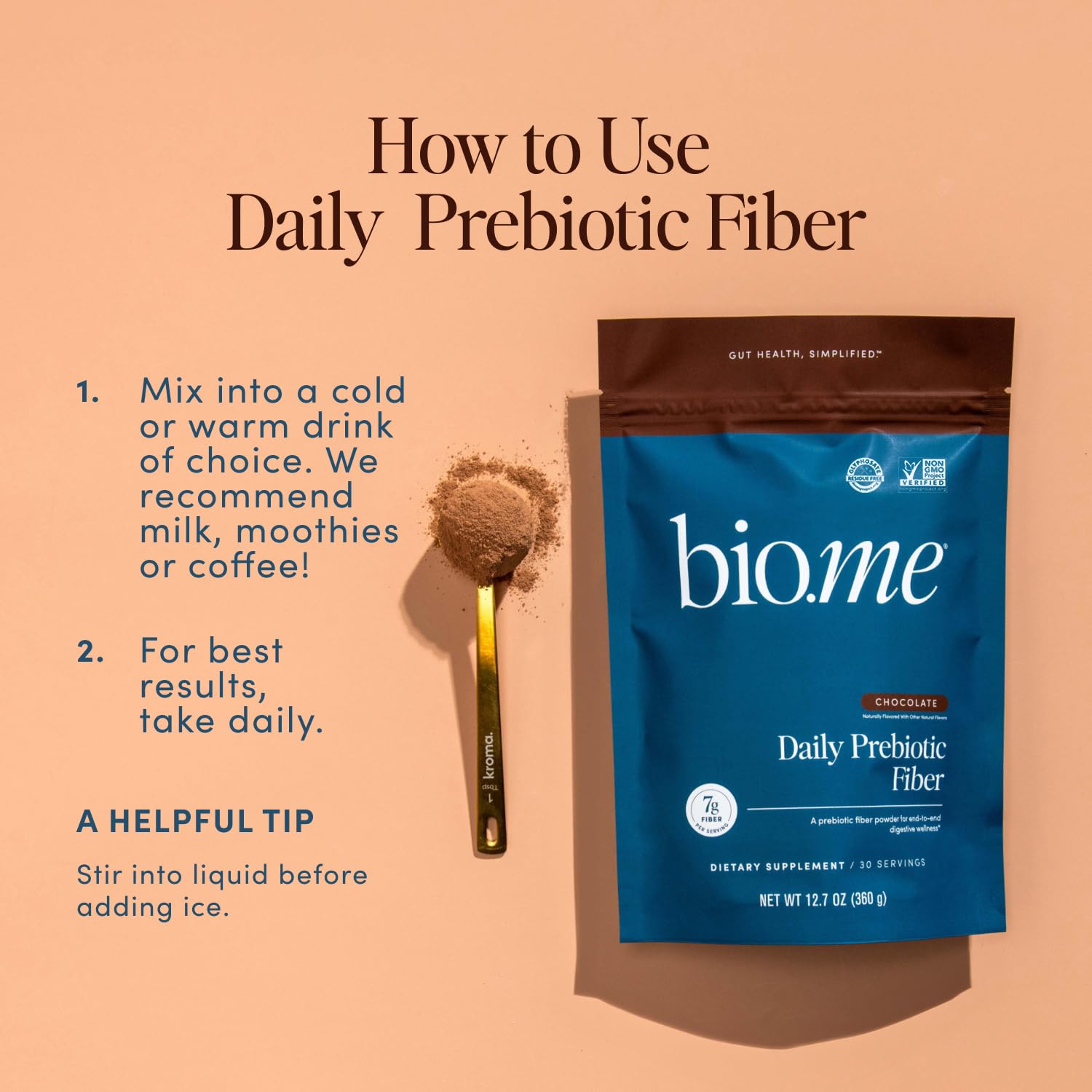 Packaging highlights gluten-free and vegan labels for Bio.me powder.