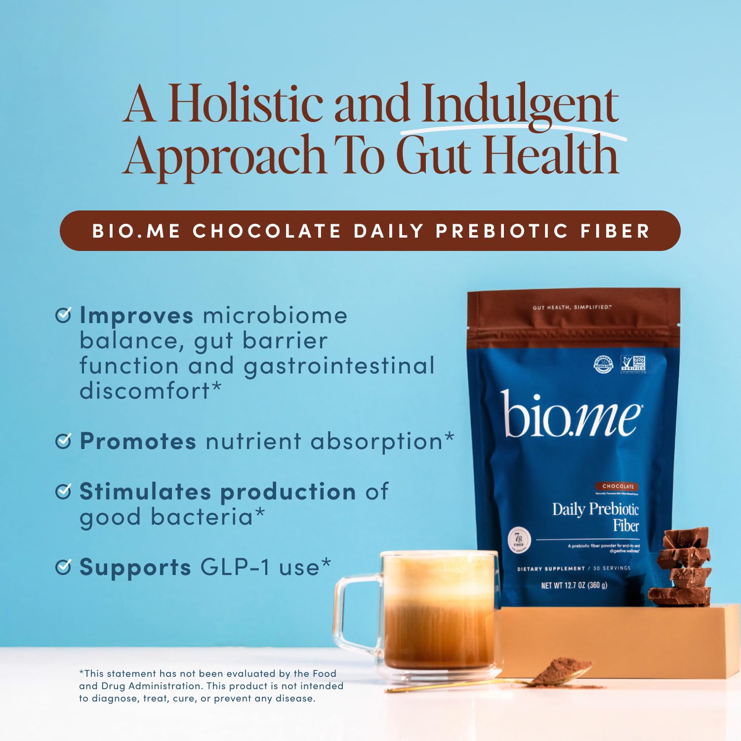 Bio.me Daily Prebiotic Fiber Powder Chocolate tin side highlights gluten-free and vegan attributes.