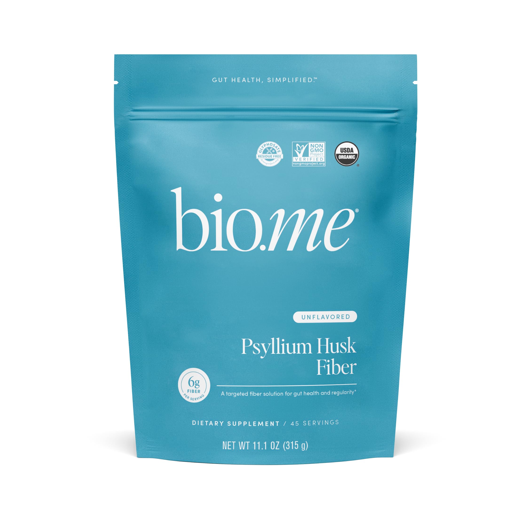Bio.me Psyllium husk fiber bottle showcases gluten-free daily fiber option.