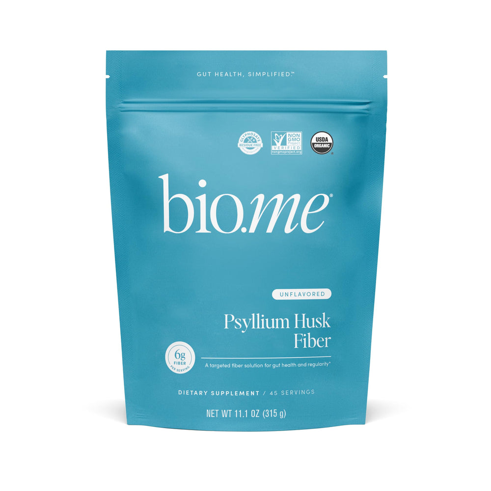 Bio.me Psyllium husk fiber bottle showcases gluten-free daily fiber option.
