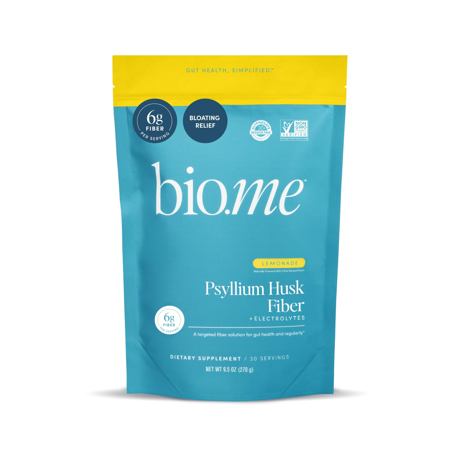 Bio.me Psyllium Husk Powder lemonade glass ready for daily digestion support.