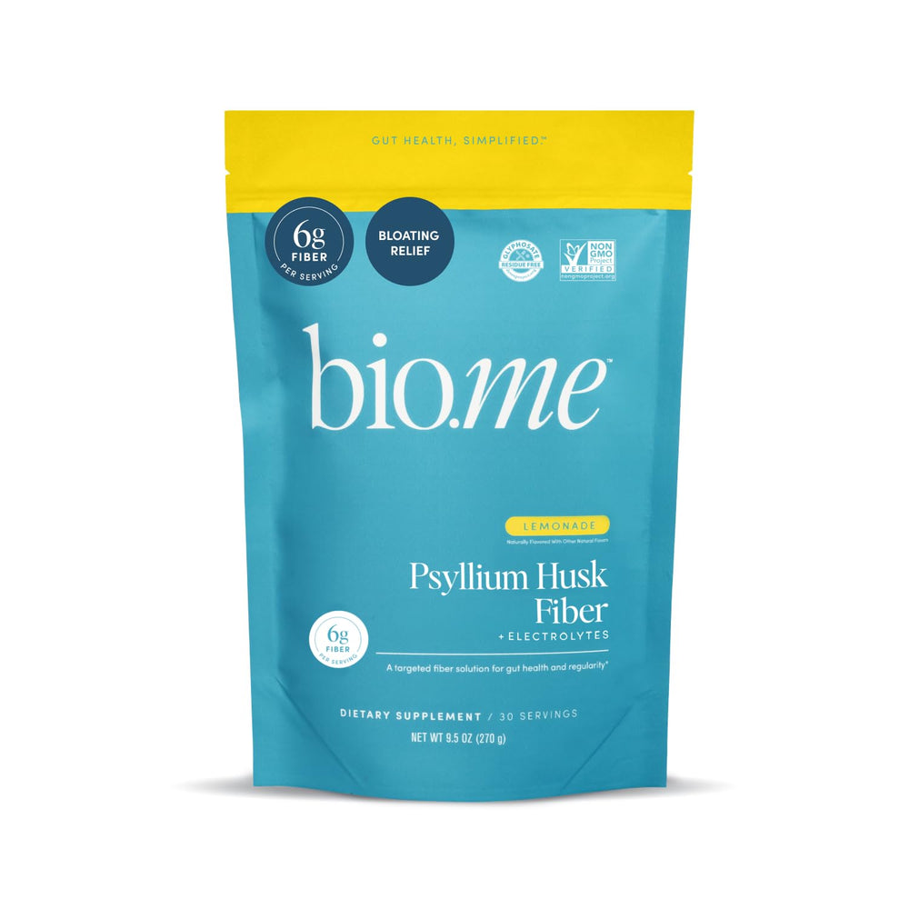 Bio.me Psyllium Husk Powder lemonade glass ready for daily digestion support.