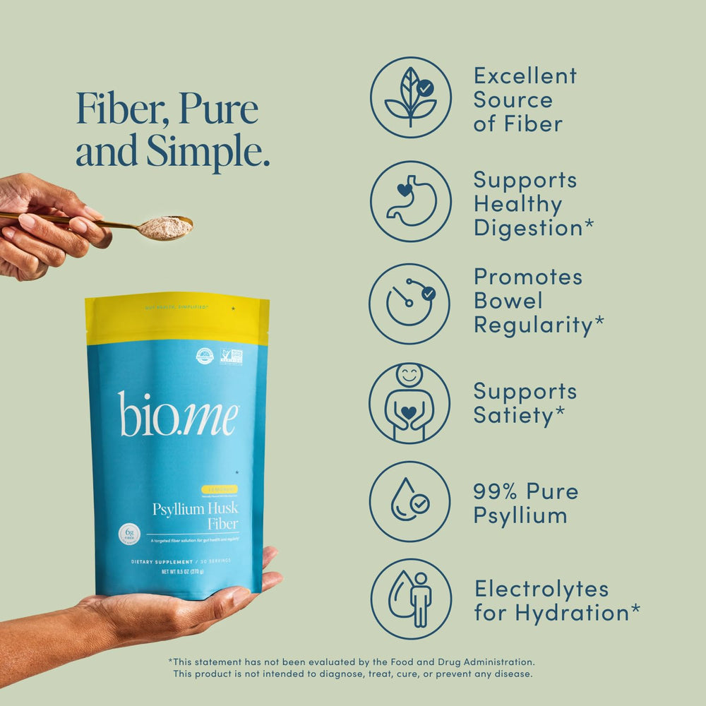 Bio.me Psyllium Husk Powder lemonade tub displayed on kitchen counter.