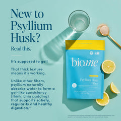 Bio.me Psyllium Husk Powder measuring scoop beside the tub for easy portions.