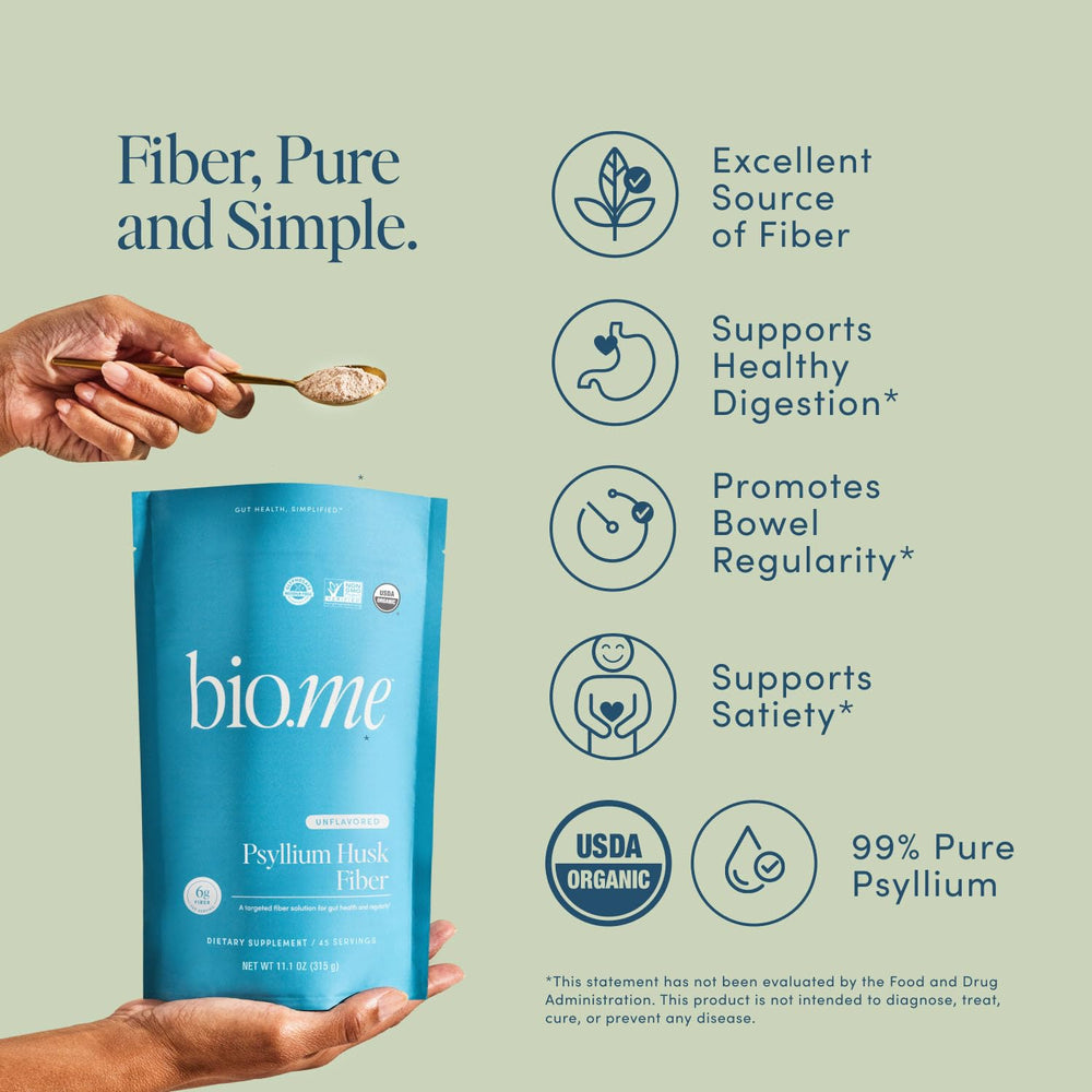 Bio.me Psyllium husk powder scoop ready to mix into drinks.
