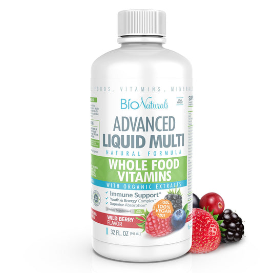 Bio Naturals Liquid Multivitamin bottle on kitchen counter supports daily vitality.
