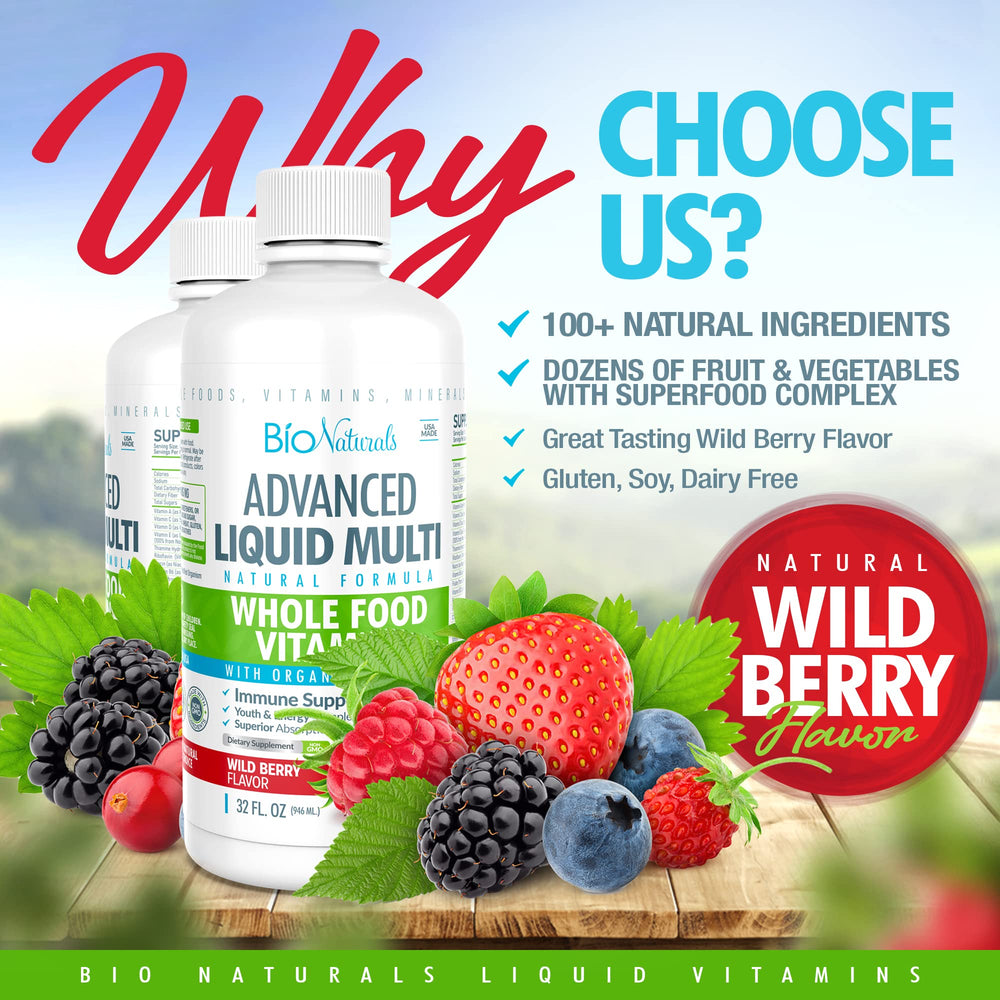 Pour shot of Bio Naturals liquid multivitamin emphasizes fast absorption.