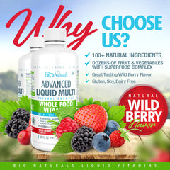 Pour shot of Bio Naturals liquid multivitamin emphasizes fast absorption.