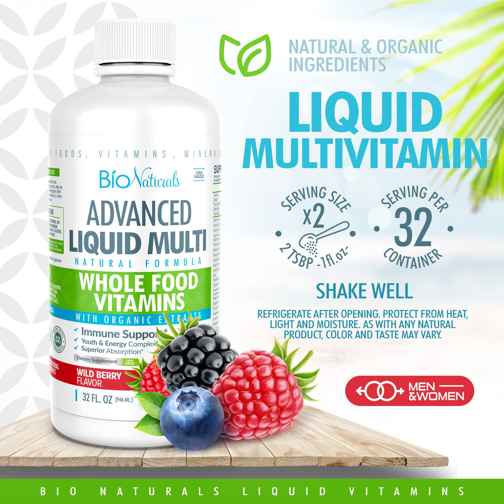 Smoothie glass with Bio Naturals liquid multivitamin for convenient daily use.