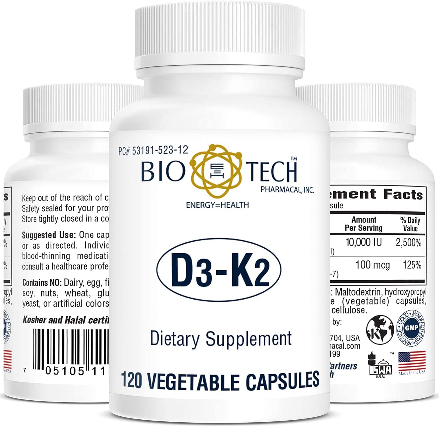 Bio-Tech D3-K2 120 VegCaps bottle shows the supplement for bone and heart health support.