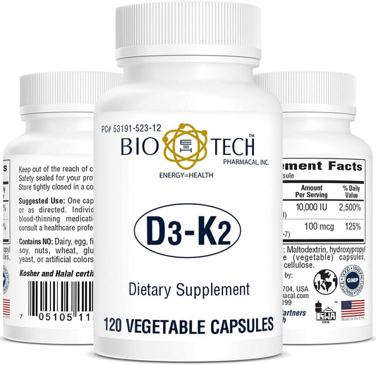 Bio-Tech D3-K2 120 VegCaps bottle shows the supplement for bone and heart health support.
