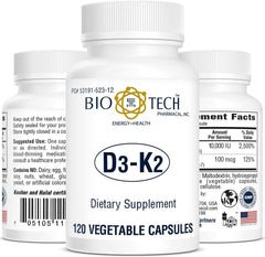 Bio-Tech D3-K2 120 VegCaps bottle shows the supplement for bone and heart health support.
