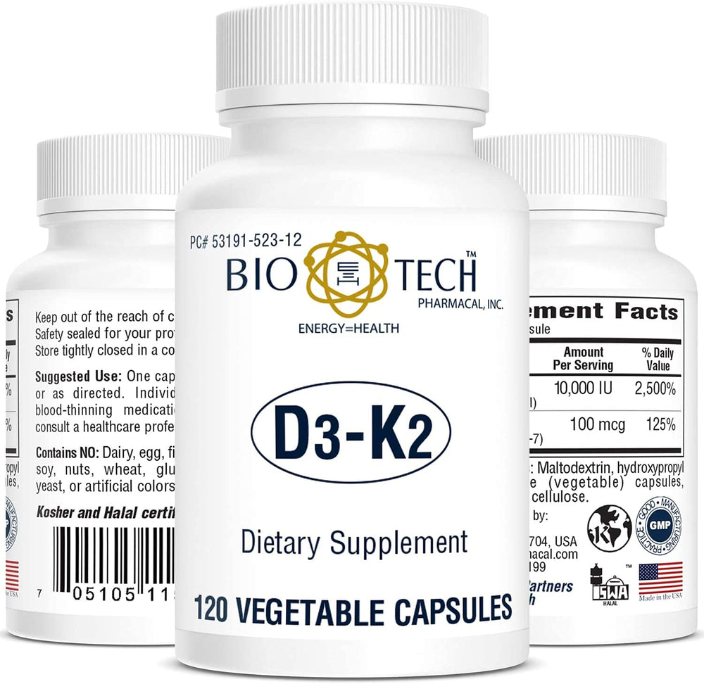 Bio-Tech D3-K2 120 VegCaps daily use image signals a simple regimen for ongoing wellness.