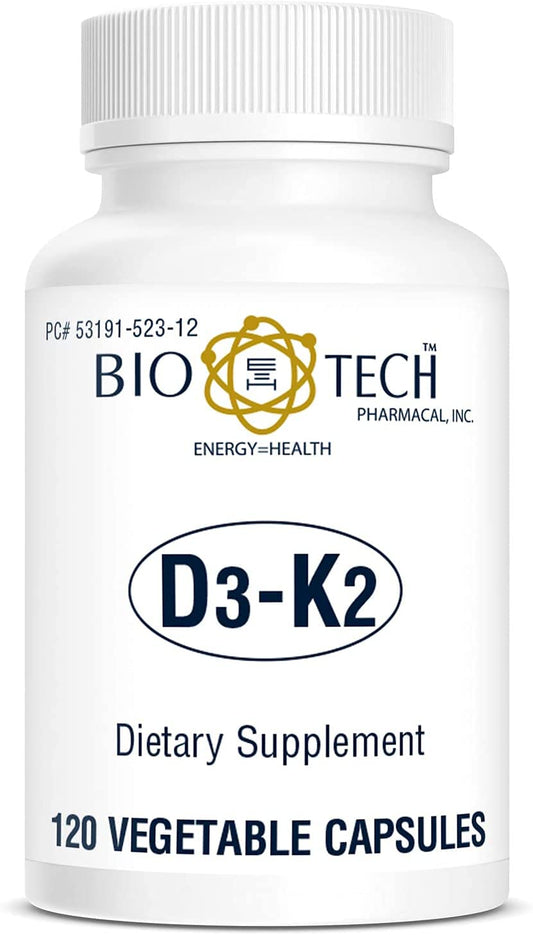 Bio-Tech D3-K2 120 VegCaps label highlights ingredients for daily vitamin D3 and K2.