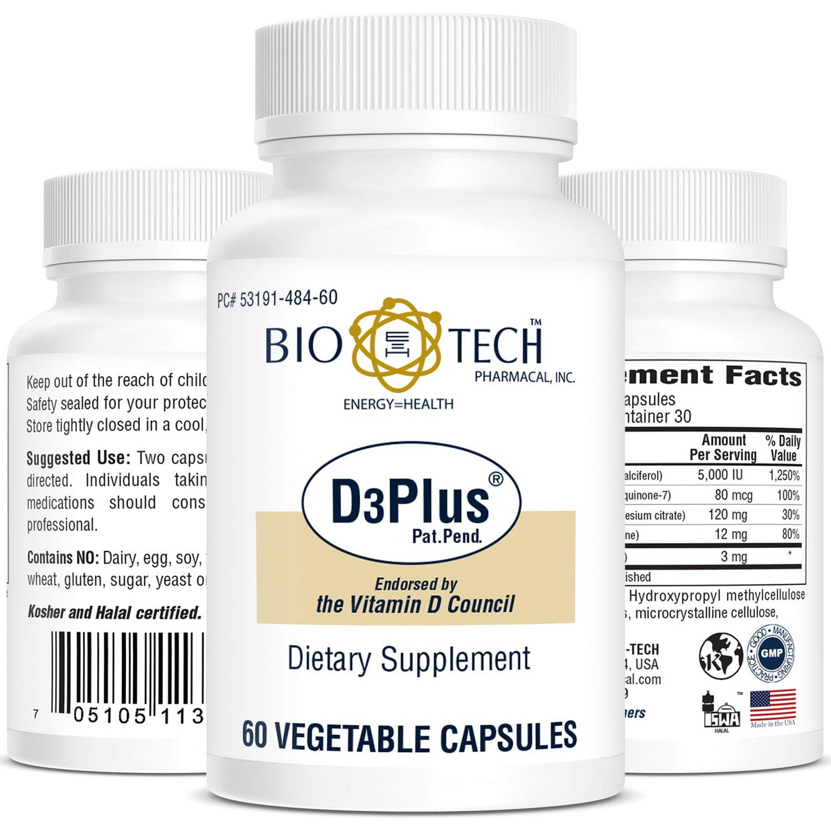 Bio-Tech Pharmacal D3Plus bottle label highlighting vitamin D and co-factors for bone support