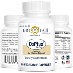 Bio-Tech Pharmacal D3Plus bottle label highlighting vitamin D and co-factors for bone support