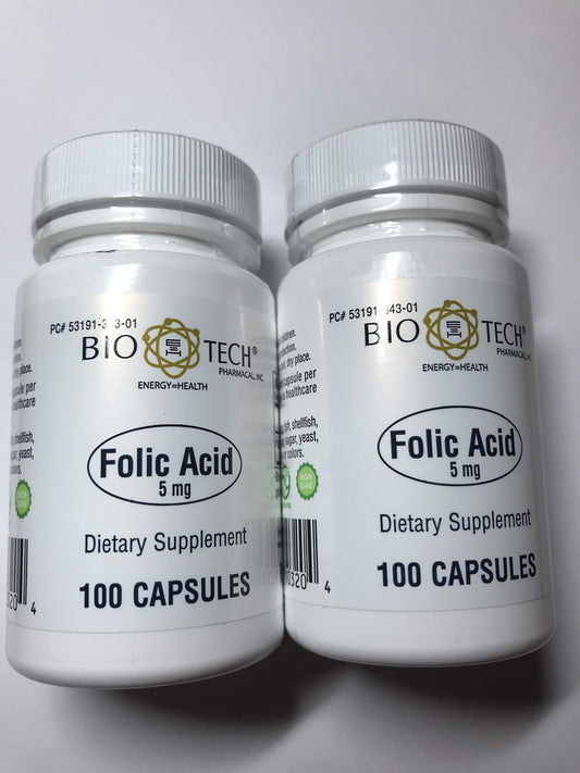 Bio-Tech Pharmacal folic acid 5mg capsules bottle for daily dietary support.