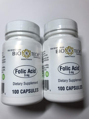 Bio-Tech Pharmacal folic acid 5mg capsules bottle for daily dietary support.