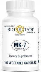 Bio-Tech Pharmacal MK-7 bottle front view showing all-natural vitamin K2 for bone support.