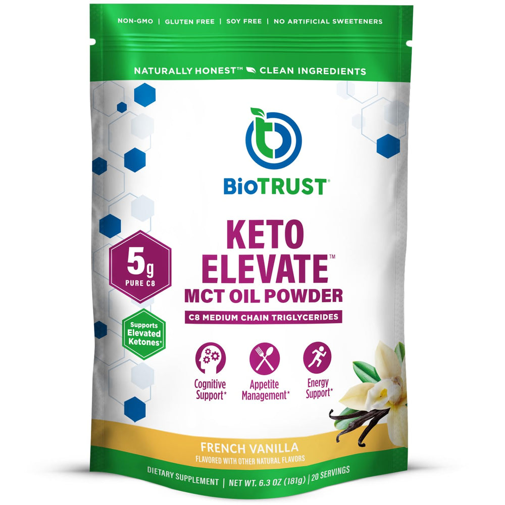 BioTrust Keto Elevate vanilla jar front, ready to add creaminess to coffee.
