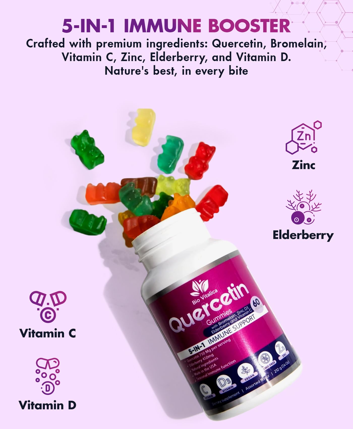 BioVitalica Quercetin Gummies bottle side view with label and gummies visible