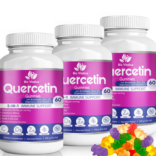BioVitalica Quercetin Gummies package with 3-pack on display, convenient daily wellness option