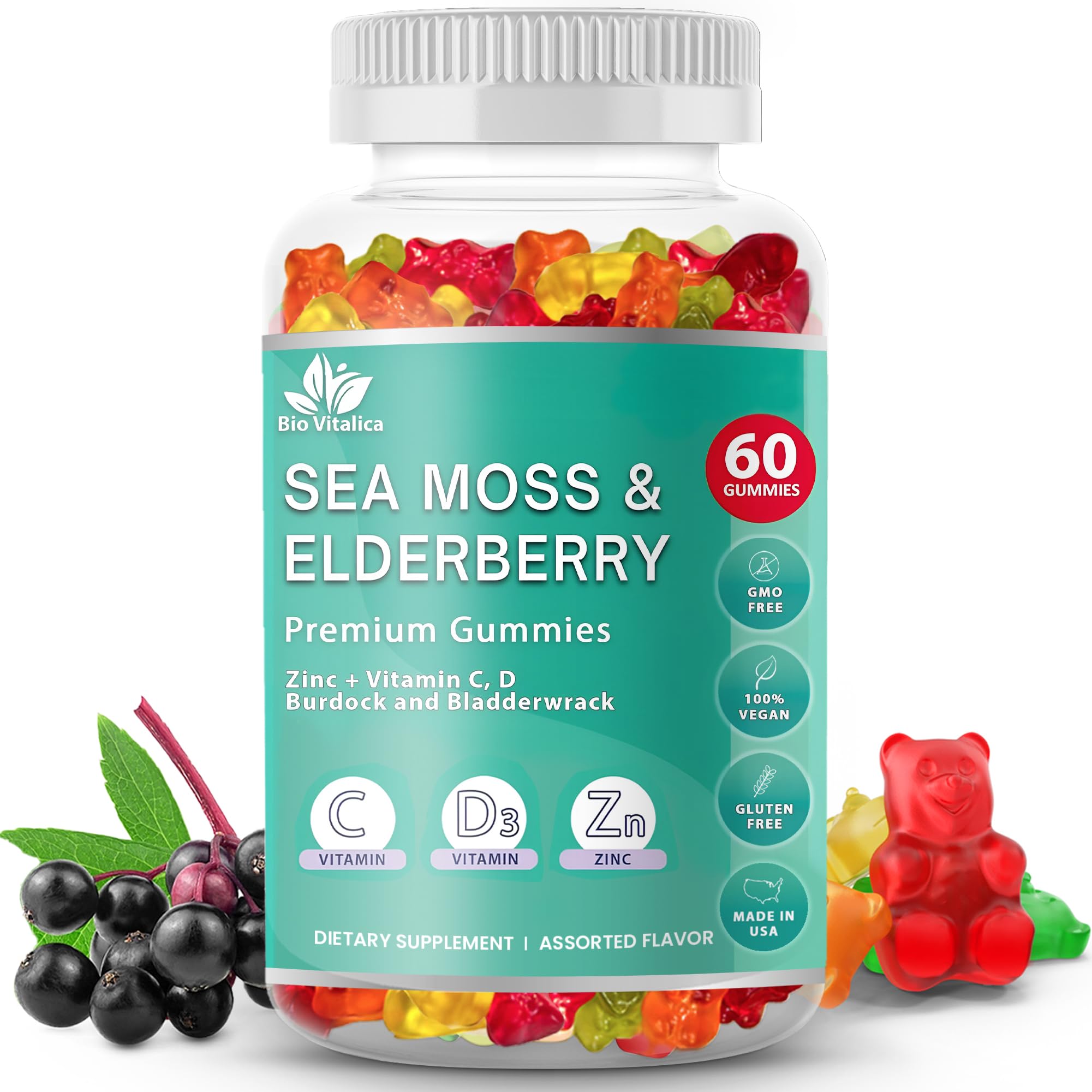 BIO VITALICA Sea Moss Gummies with Elderberry bottle pouring for daily immune support