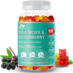 BIO VITALICA Sea Moss Gummies with Elderberry bottle pouring for daily immune support