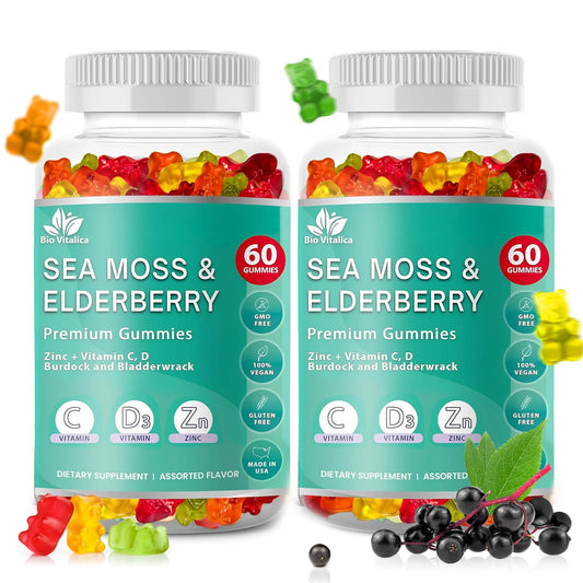 BIO VITALICA Sea Moss Gummies Elderberry bottle on counter supports daily immune wellness