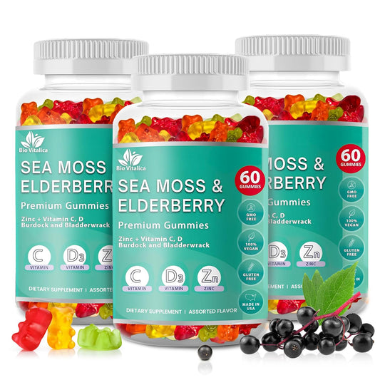 BIO VITALICA Sea Moss Gummies with Elderberry in jar showing the vibrant gummies and label for family use