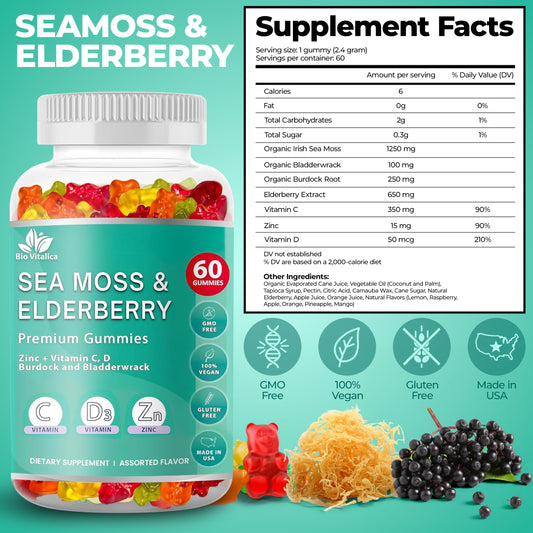 BIO VITALICA Sea Moss Gummies Elderberry jar beside fruits for family routine