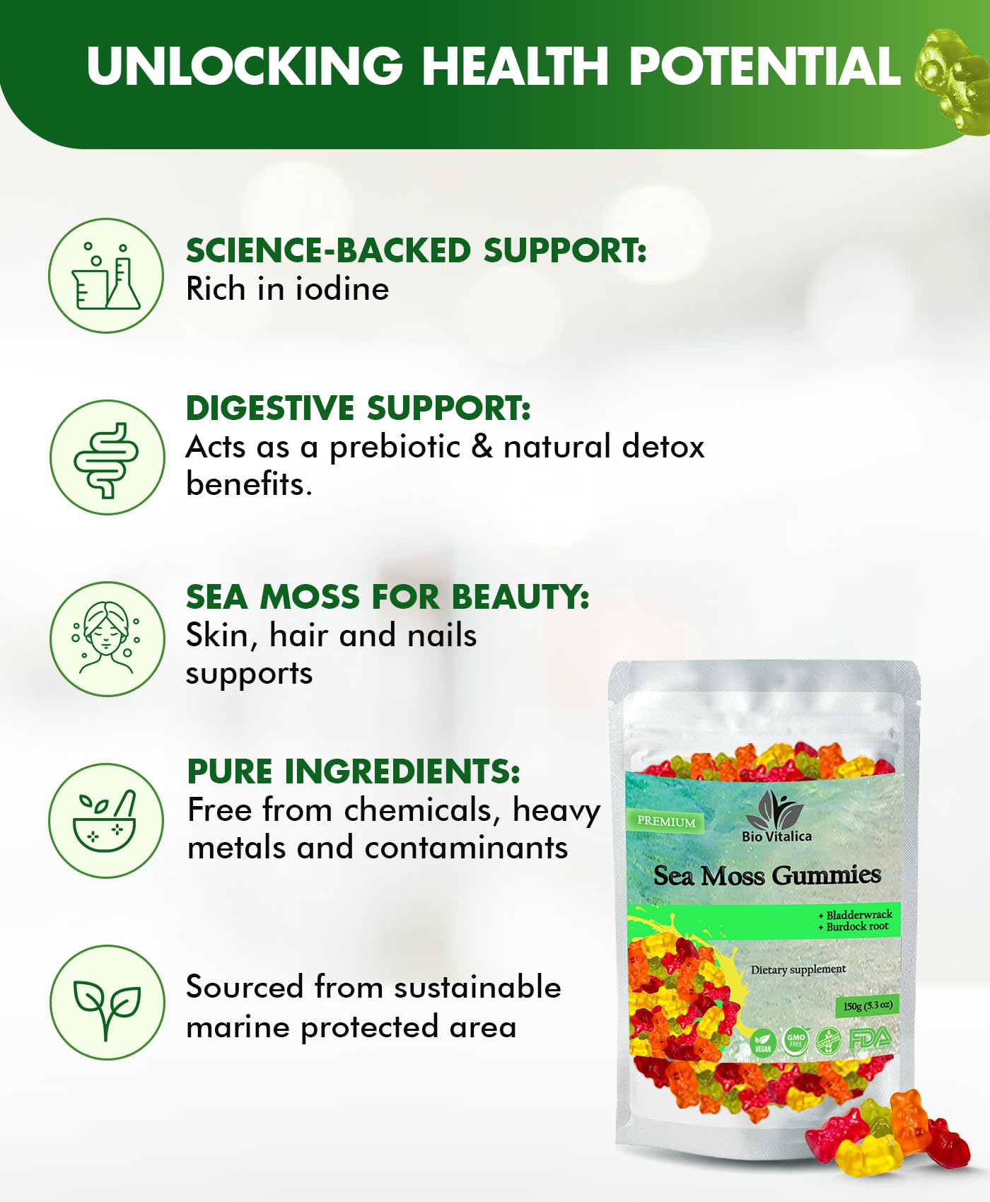 BIO VITALICA Sea Moss Gummies three-pack display on shelf for everyday vegan shoppers.