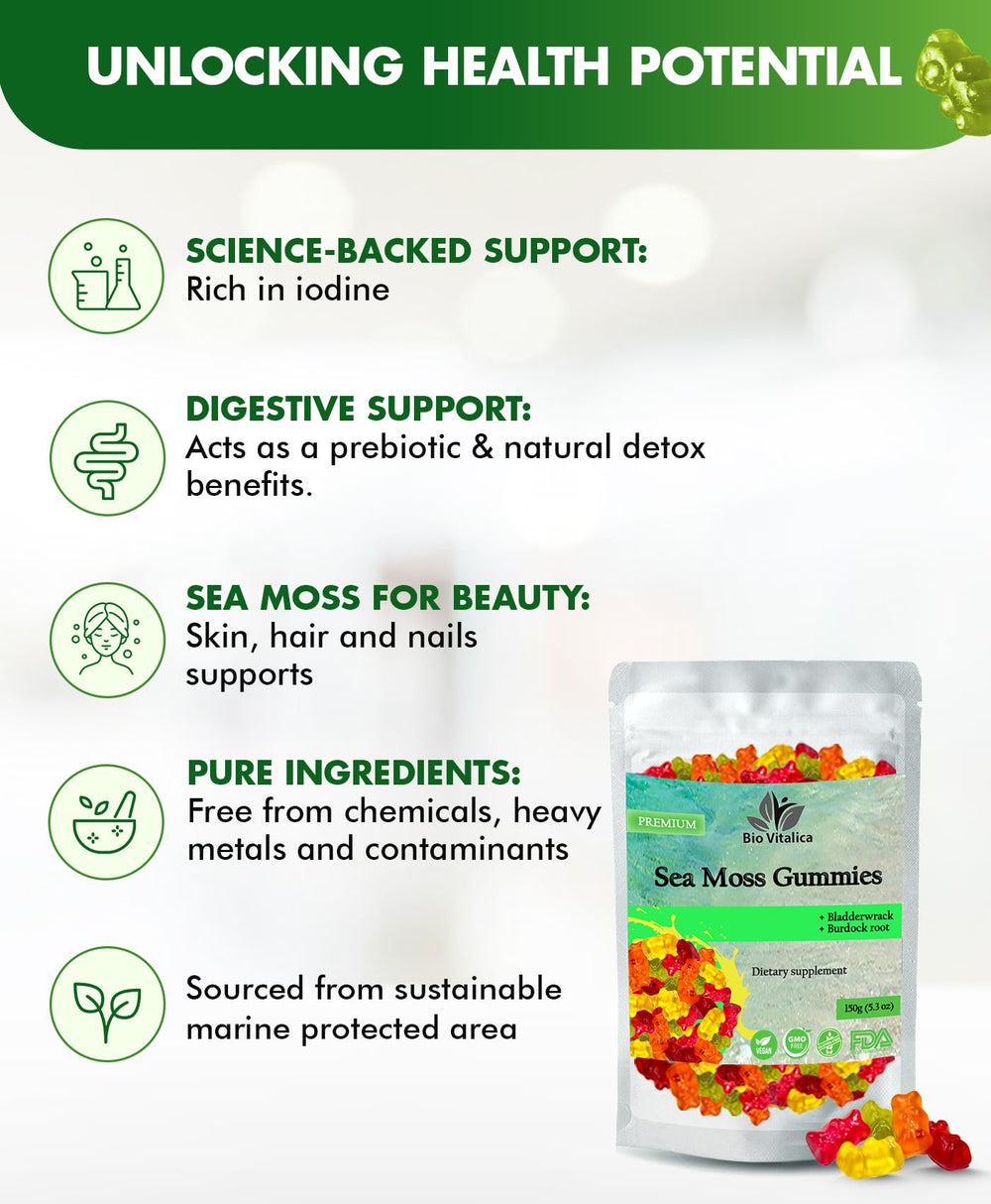 BIO VITALICA Sea Moss Gummies three-pack display on shelf for everyday vegan shoppers.