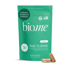 Bio.me Synbiotic 3-in-1 bottle closeup showing vegan formula for daily use