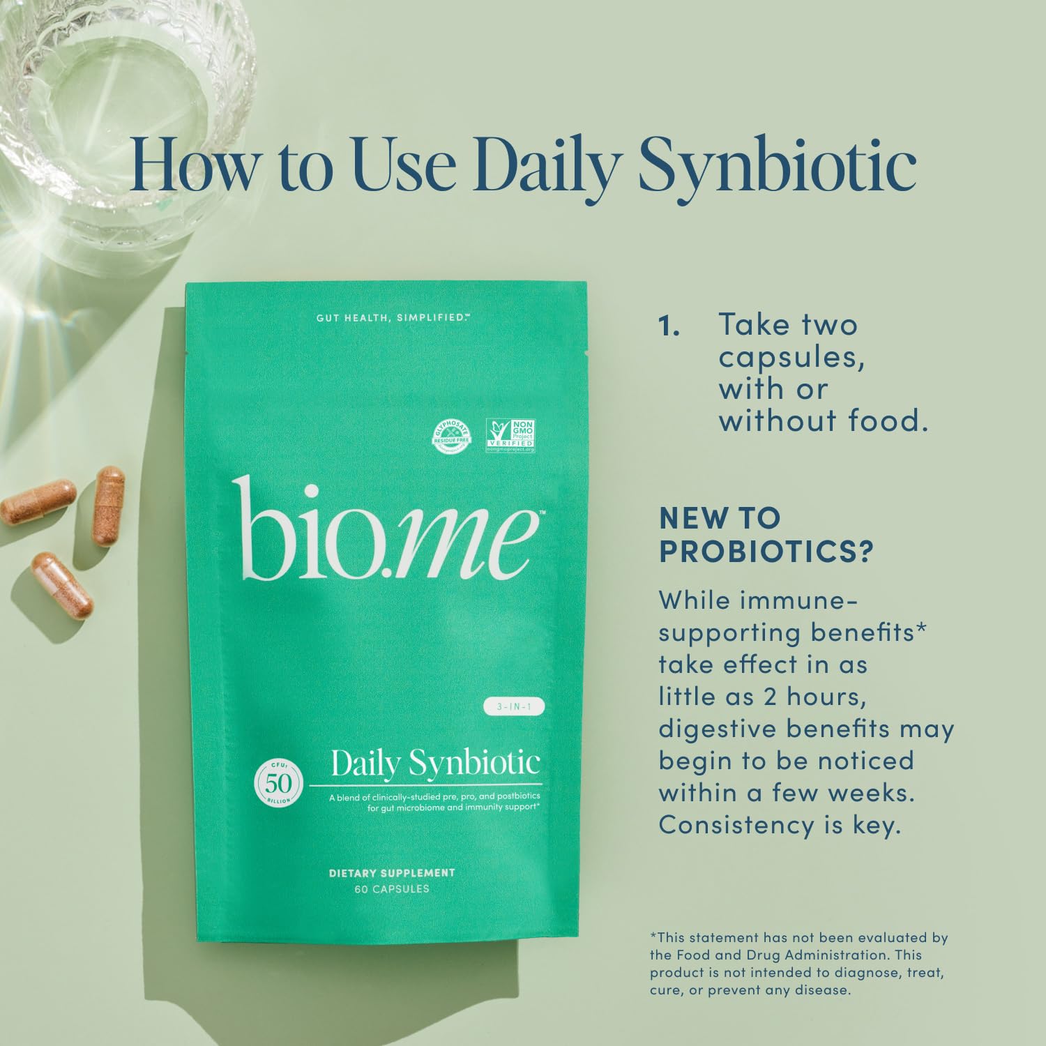 Bio.me Synbiotic 3-in-1 capsule closeup highlighting 50B CFU