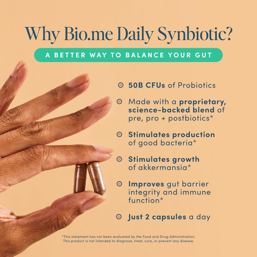 Bio.me Synbiotic 3-in-1 capsules in bottle for daily routine